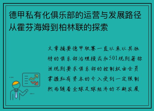 德甲私有化俱乐部的运营与发展路径从霍芬海姆到柏林联的探索