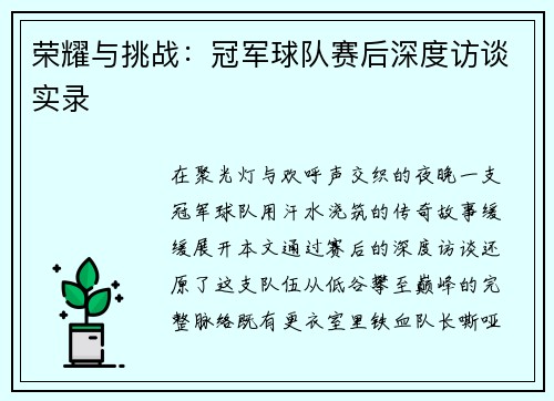 荣耀与挑战：冠军球队赛后深度访谈实录